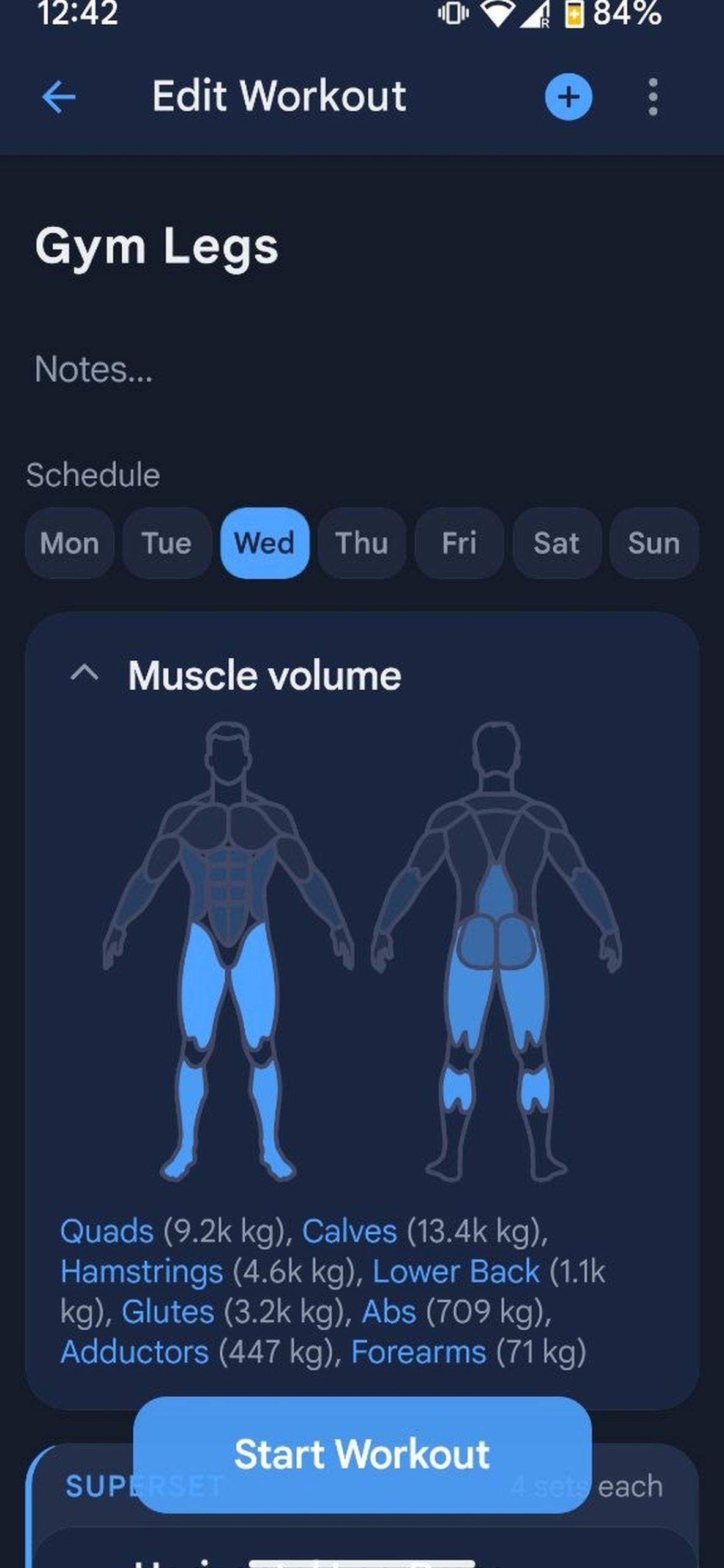GainBook muscle volume heatmap with quads, calves, hamstrings and glutes highlighted