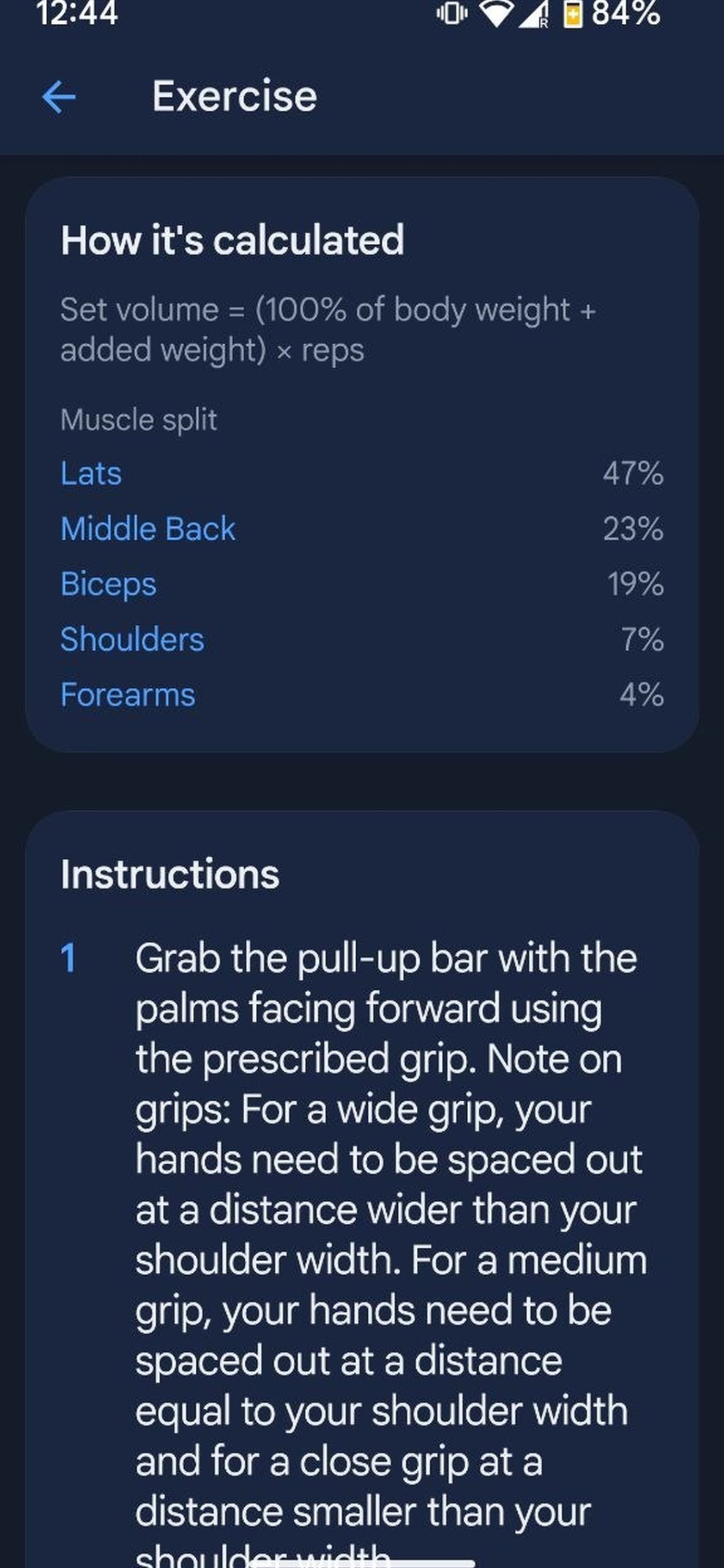 GainBook explaining set volume as body weight plus added weight times reps, with the pull-up muscle split