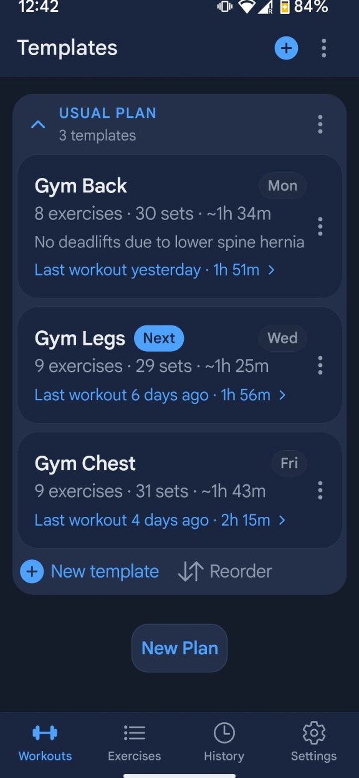 GainBook workout plans screen with Gym Back, Gym Legs and Gym Chest templates